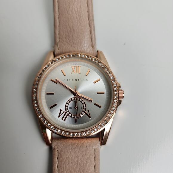 Attention Brand Ladies Round Rose Gold Colored w/ Rhinestones Wristwatch - Picture 1 of 7